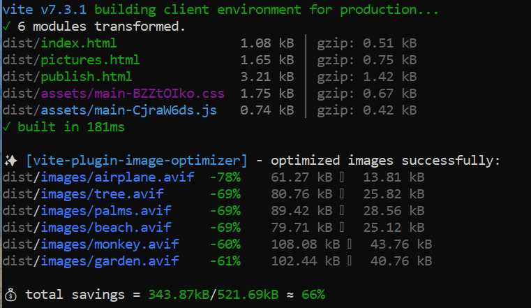 Skärmdump på terminalen som visar på förbättring av filstorlekar vid build